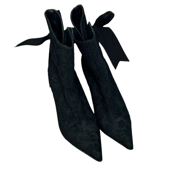 Hollywould Black Lace Overlay Ankle Boots 6.5 – Pointed Toe Bow Tie - Picture 3 of 12